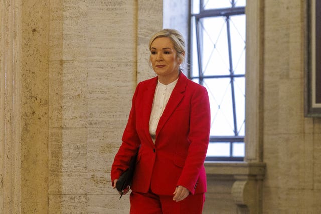 First Minister Michelle O’Neill walks through the Great Hall at Parliament Buildings, Stormont