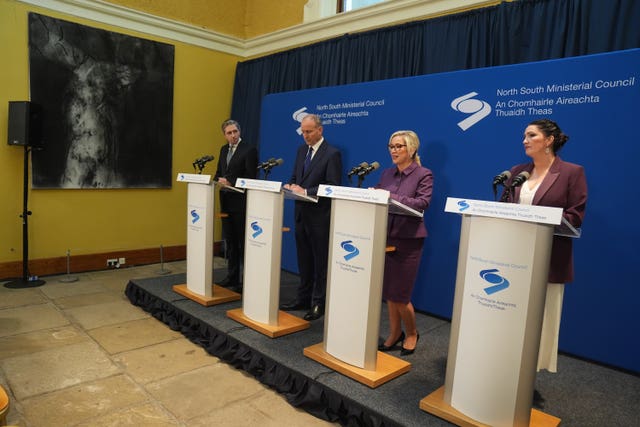 (left to right) Tanaiste Simon Harris, Taoiseach Micheal Martin, First Minister of Northern Ireland Michelle O’Neill and deputy First Minister Emma Little-Pengelly after the meeting of the North South Ministerial Council