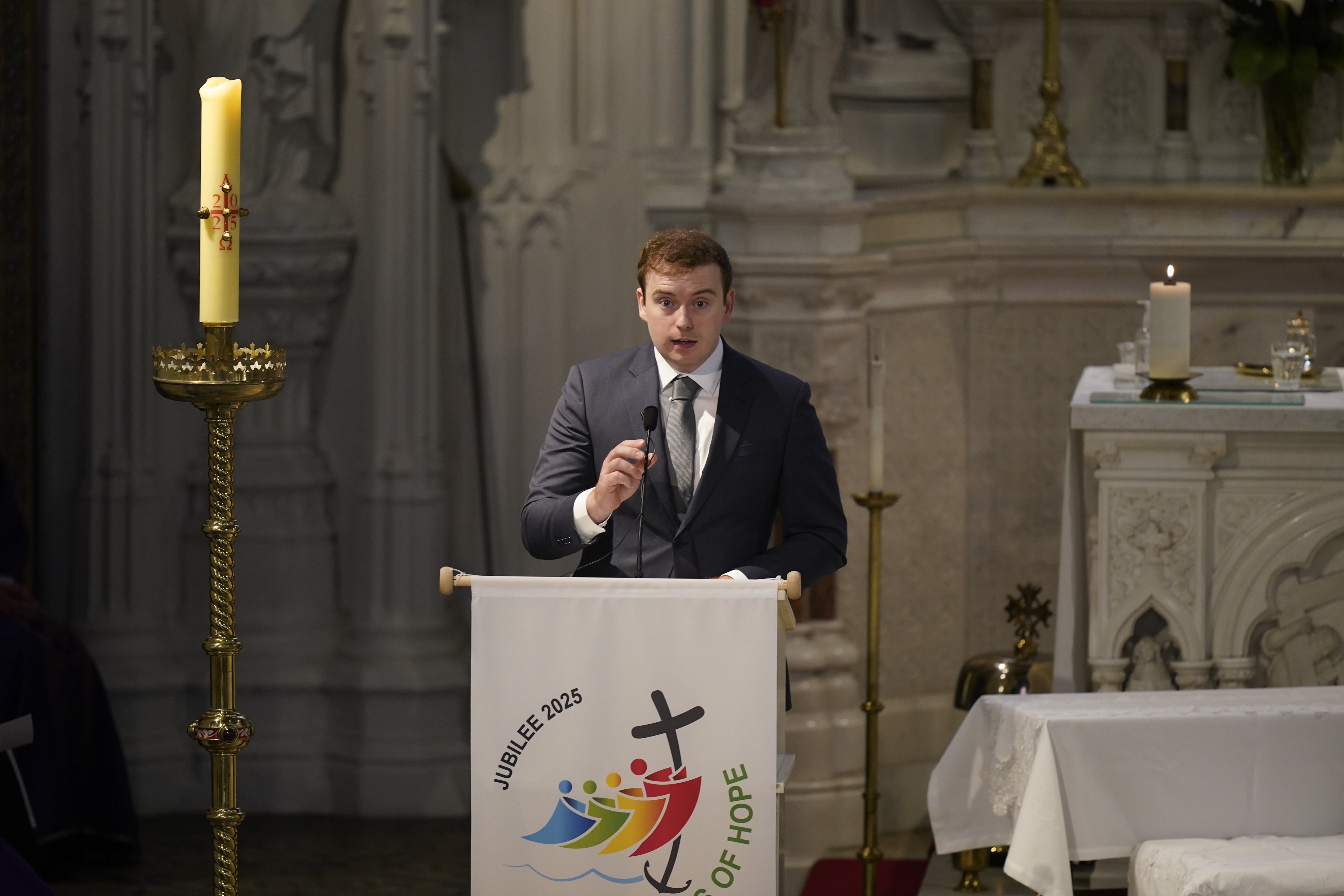 Eoghan Clarke speaking at his funeral of his cousin Michael Gaine at the Holy Cross Church in Kenmare