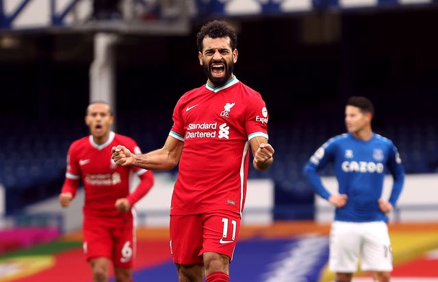 Mohamed Salah celebrates scoring against Everton