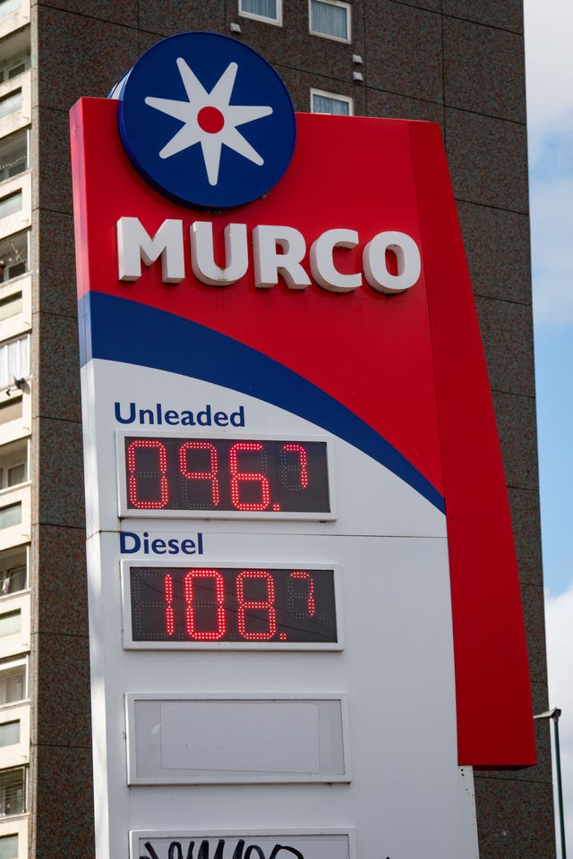 The price of petrol at a filling station in Birmingham stands at 96.7 pence per litre (Jacob King/PA)