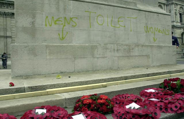 Graffiti on the base of the Cenotaph after a demonstration (John Stillwell/PA)