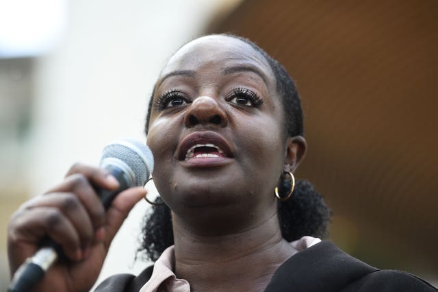 Mina Agyepong, whose son Kai was arrested and handcuffed after being seen with a toy gun, speaks outside New Scotland Yard in London