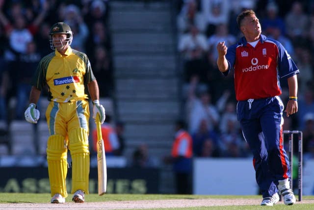 Darren Gough celebrates Michael Hussey's wicket 