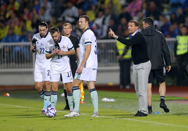 Northern Ireland manager Ian Baraclough, right, gestures on the touchline