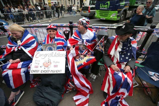 Royal fans in Windsor, including Diana superfan John Loughrey (2nd right) ahead of the royal wedding this weekend (Jonathan Brady/PA)