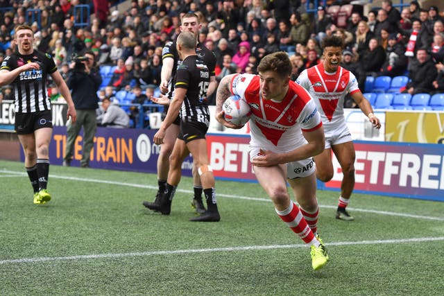 Mark Percival goes over for one of his two tries