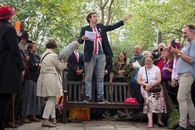 Comedian Will Franken speaks ahead of the unveiling of a headstone for William Blake at Bunhill Fields in London