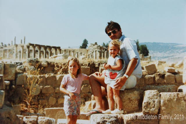 Kate, aged four, with her father Michael Middleton and sister Pippa in Jerash, Jordan