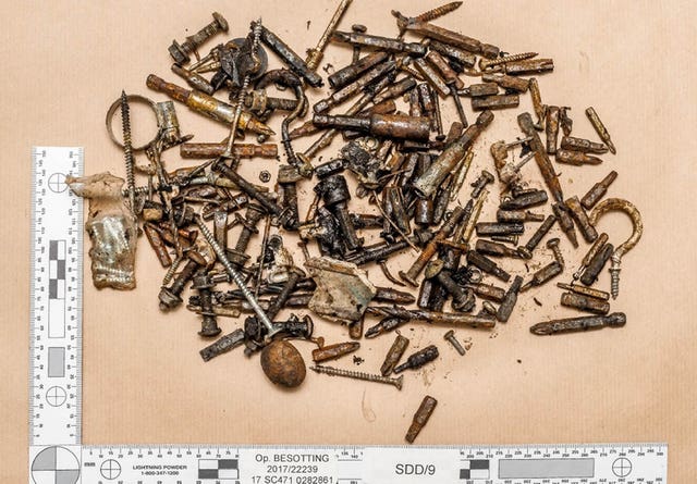 Components of the device that exploded on the District Line train at Parsons Green underground station (Met Police/PA)