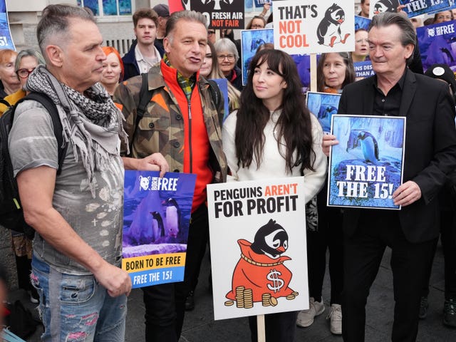 (left-right) Dale Vince, Chris Packham, Megan McCubbin and Feargal Sharkey at the Free the Fifteen protest calling for the penguins to be released