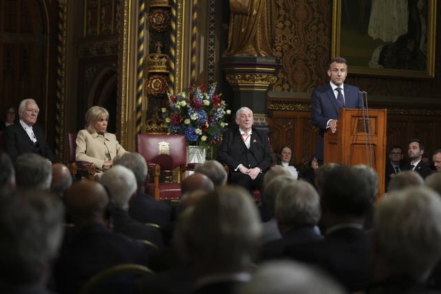 French president Emmanuel Macron addresses MPs and peers in the Royal Gallery at the Palace of Westminster