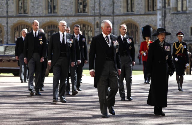Princess Anne, Princess Royal, Prince Charles, Prince of Wales, Prince Andrew, Duke of York, Prince Edward, Earl of Wessex, Prince William, Duke of Cambridge, Peter Phillips, Prince Harry, Duke of Sussex, Earl of Snowdon David Armstrong-Jones and Vice-Admiral Sir Timothy Laurence follow the Duke of Edinburgh’s coffin at Windsor Castle, Berkshire