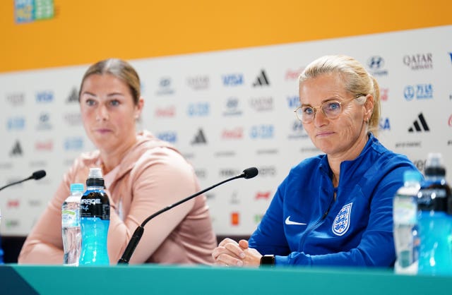 England head coach Sarina Wiegman and goalkeeper Mary Earps (left) during a press conference