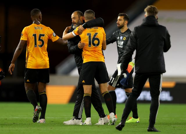 Willy Boly, Nuno Espirito Santo, Conor Coady and Rui Patricio, left to right