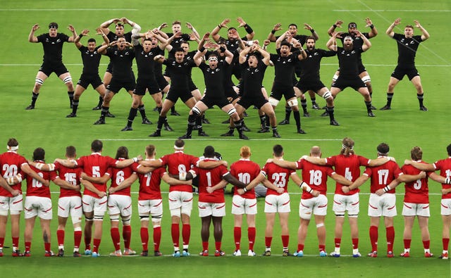 Canada face a Haka performed by defending champions New Zealand ahead of their World Cup Pool B clash in Oita, Japan. The All Blacks won the match 63-0 en route to a straightforward passage to the knockout stages of the tournament, where they were beaten in the semi-finals by England