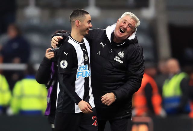 Newcastle manager Steve Bruce, right, shares a joke with Miguel Almiron after the player ended his Premier League drought against Crystal Palace in December. Paraguay international Almiron, a £21million signing from MLS club Atlanta United, had gone 26 top-flight games without a goal before sparking wild celebrations at St James' Park by earning a 1-0 win over the Eagles