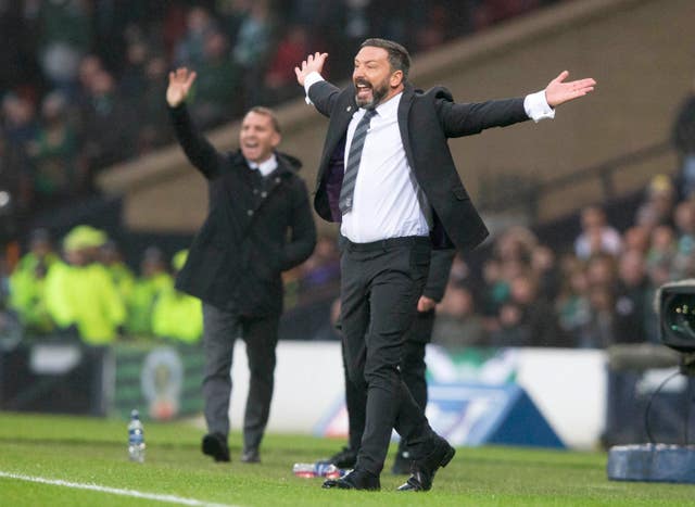 Aberdeen manager Derek McInnes, right, and Brendan Rodgers appeal for a decision