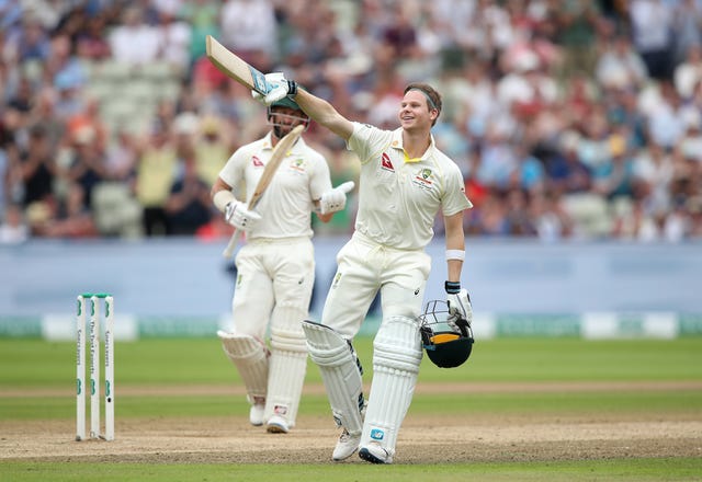 Australia’s Steve Smith celebrates reaching his second century of the match (Nick Potts/PA)