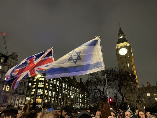 People attend a Campaign Against Antisemitism and Chabad UK event in central London