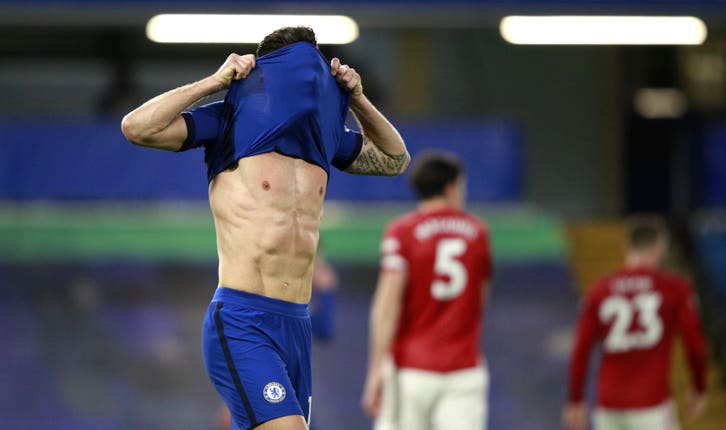 Chelsea’s Olivier Giroud reacts after a missed chance on goal