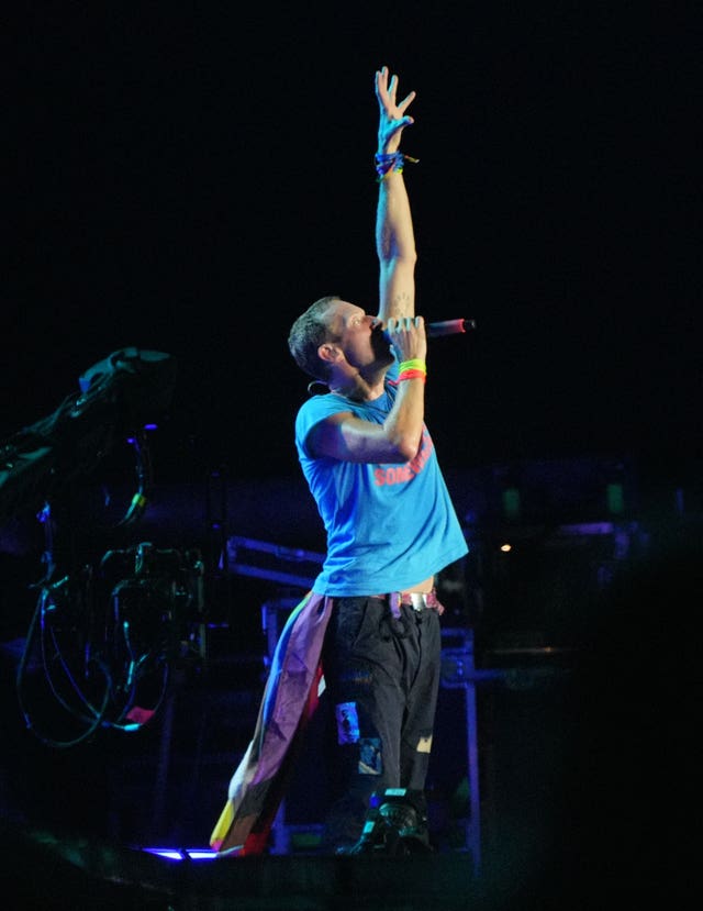 Chris Martin of Coldplay performs on the Pyramid Stage