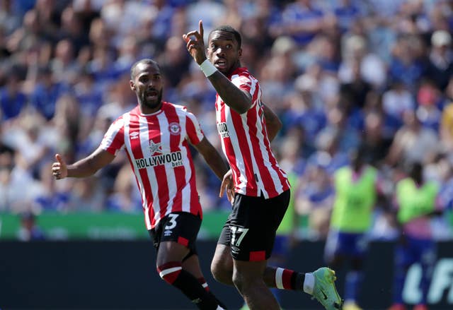 Ivan Toney, right, celebrates scoring for Brentford against Leicester