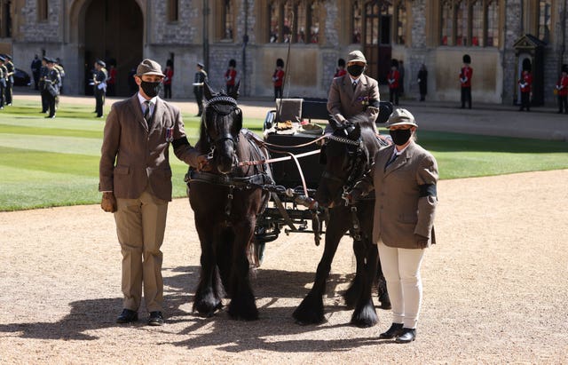 Fell ponies Balmoral Nevis and Notlaw Storm and the Duke of Edinburgh’s driving carriage in the Quadrangle ahead of the funeral of the Duke of Edinburgh in Windsor Castle, Berkshire