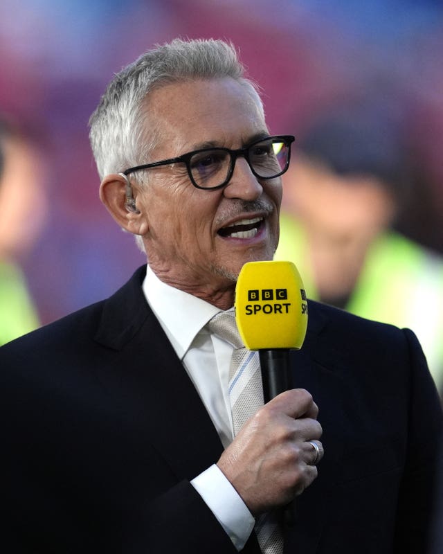 Gary Lineker speaking during the FA Cup final at Wembley Stadium