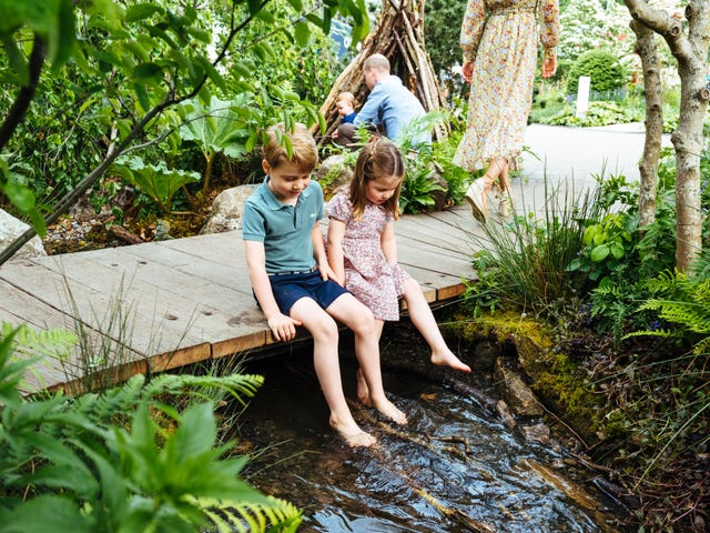 Prince George and Princess Charlotte in the Adam White and Andree Davies co-designed garden ahead of the RHS Chelsea Flower Show in London