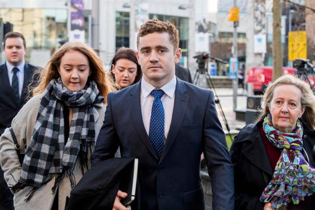 Ireland and Ulster rugby player Paddy Jackson arrives at Belfast Crown Court (Liam McBurney/PA)