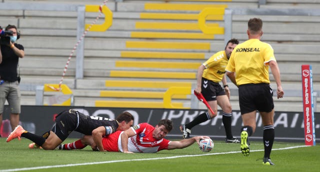 Lachlan Coote scores St Helens’ first try