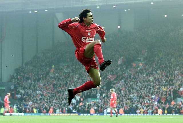 Jari Litmanen celebrates scoring a penalty in Liverpool's FA Cup win over City in February 2001