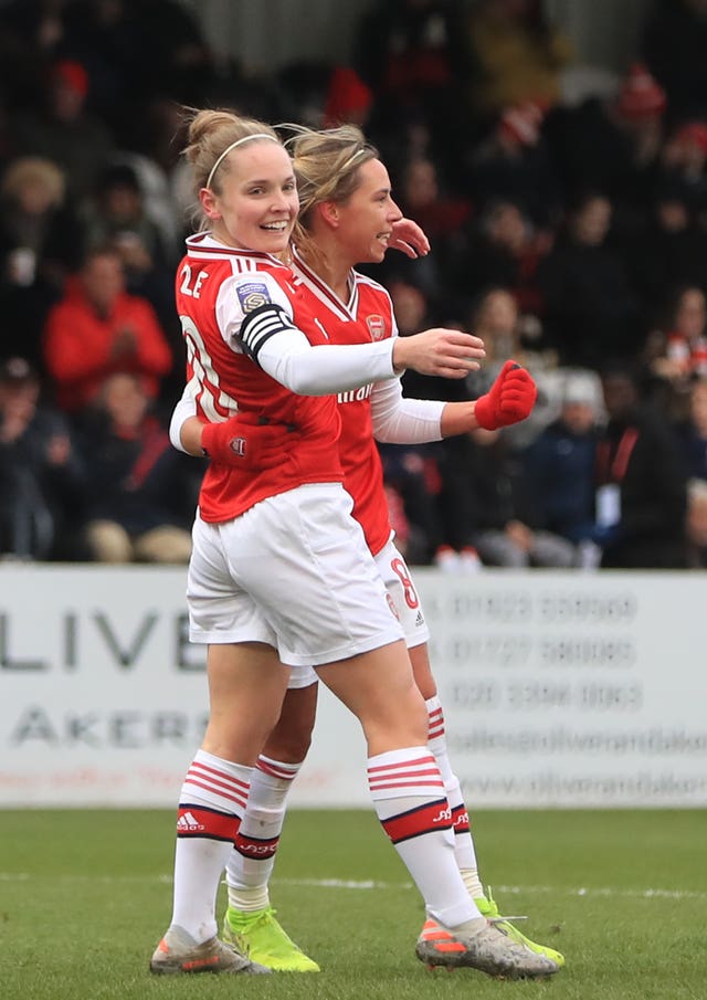 Kim Little, left, celebrates with Jordan Nobbs after putting Arsenal 1-0 up against Birmingham in the Women's Super League