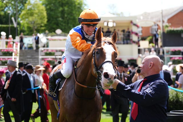 Ten Bob Tony and jockey Kieran Shoemark in the winner’s enclosure after winning the Queen Anne Stakes