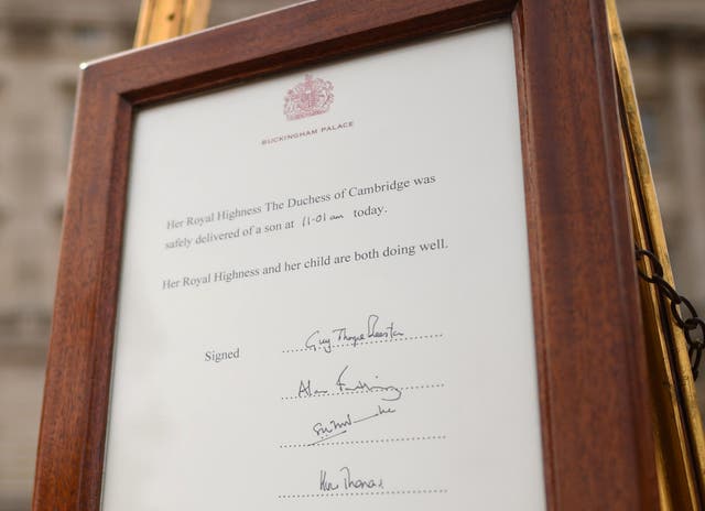 The notice formally announces the birth of a baby boy to the Duke and Duchess of Cambridge at St Mary’s Hospital 
