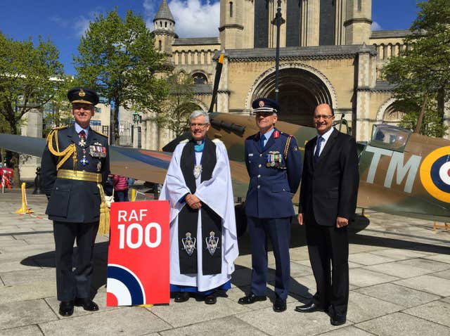 Air Chief Marshal Sir Stephen Hiller, the Very Rev Stephen Forde, Irish Air Corps Brigadier General Sean Clancy and Northern Ireland Under Secretary of State Shailesh Vara pictured ahead of an event marking the RAF's centenary at St Anne's Cathedral in Belfast (PA)