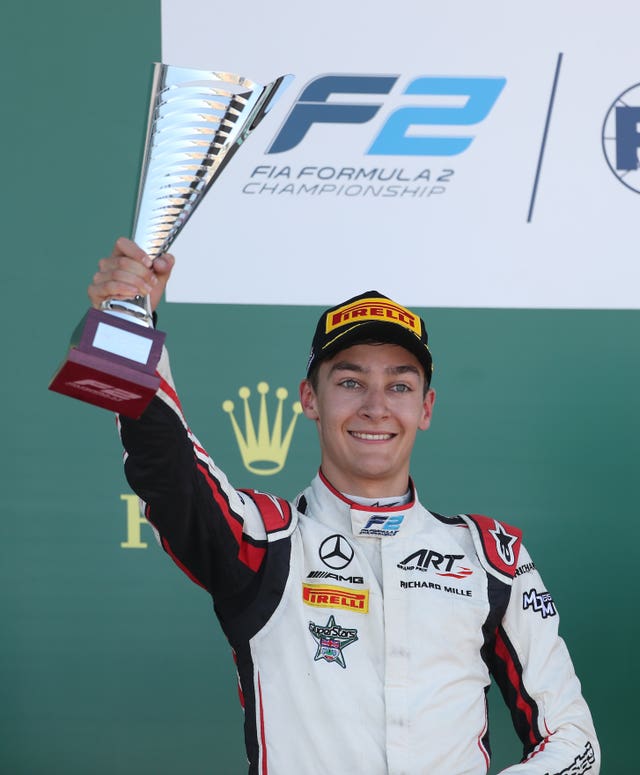 Russell celebrates finishing second in the F2 British Grand Prix at Silverstone