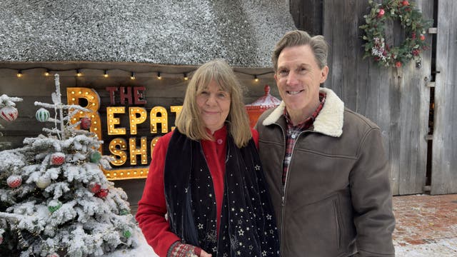 Julia Donaldson with Rob Brydon as they appear in the Christmas edition of BBC One’s The Repair Shop