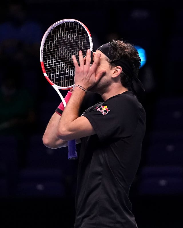 Dominic Thiem shows his emotion after beating Novak Djokovic on Saturday