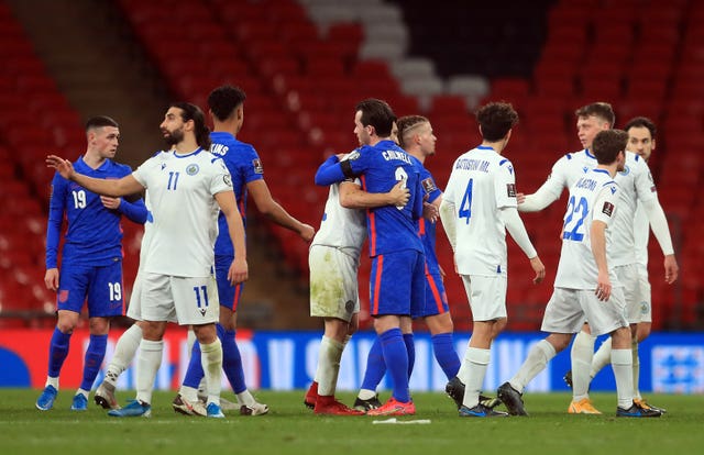 England and San Marino players embrace after Thursday's qualifier at Wembley 