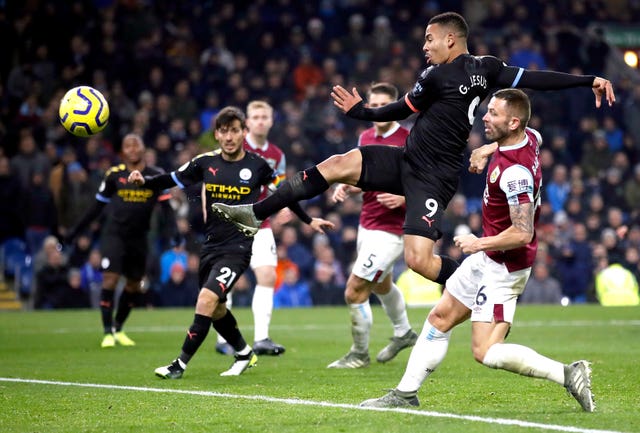 Gabriel Jesus volleys home his second goal against Burnley