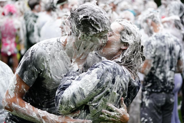 Hundreds of students take part in the traditional Raisin Monday foam fight on St Salvator’s Lower College Lawn at the University of St Andrews in Fife