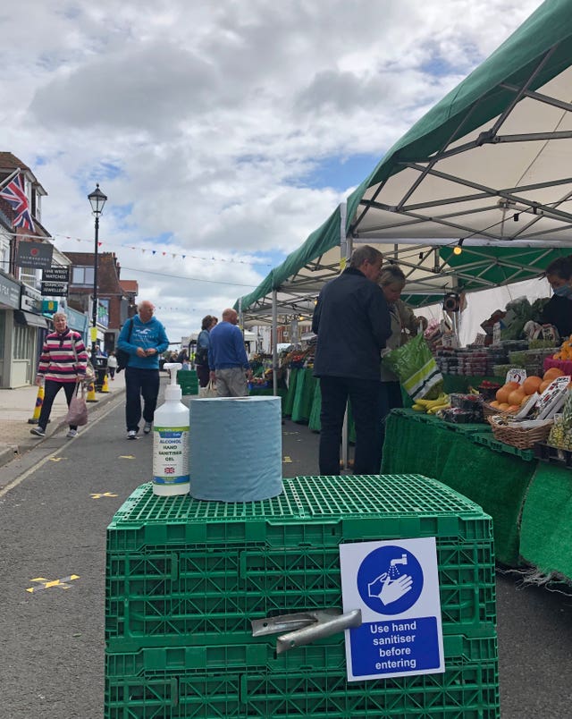 A hand sanitiser dispenser at the Saturday market in Lymington (