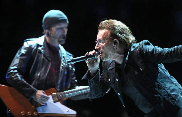 Bono and The Edge  on stage at The O2 Arena 