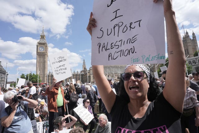 A supporter of Palestine Action holds a placard in the air during a protest