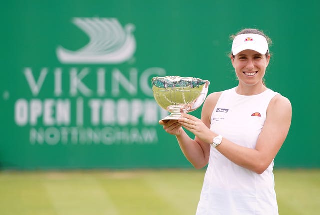 Johanna Konta holding the Elena Baltacha trophy after winning the Nottingham Open