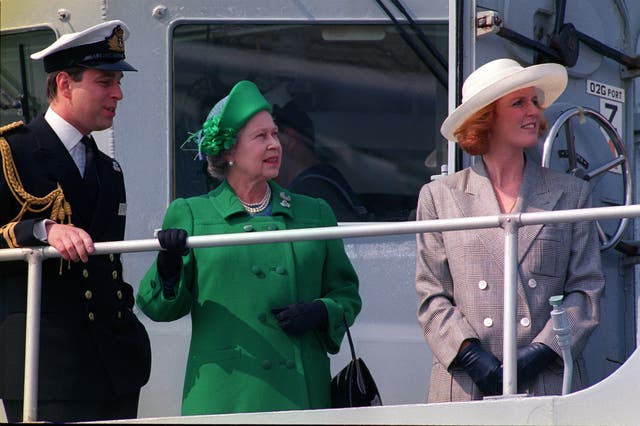 The Duke of York on his ship, HMS Cambeltown, with the Queen and the Duchess of York in 1991