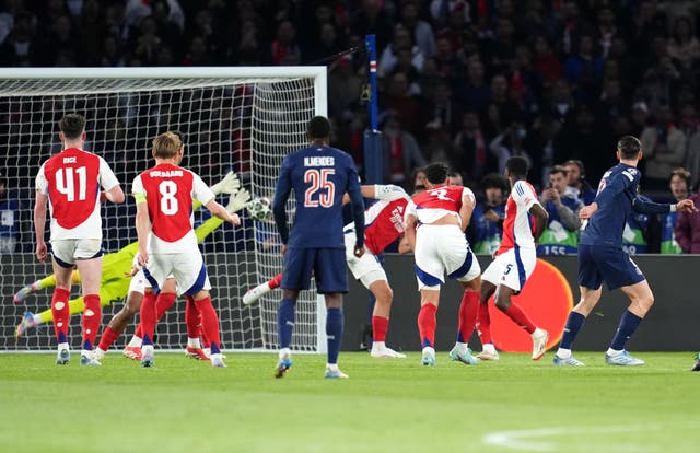 Fabian Ruiz watches his volley go into the net as Arsenal players look on