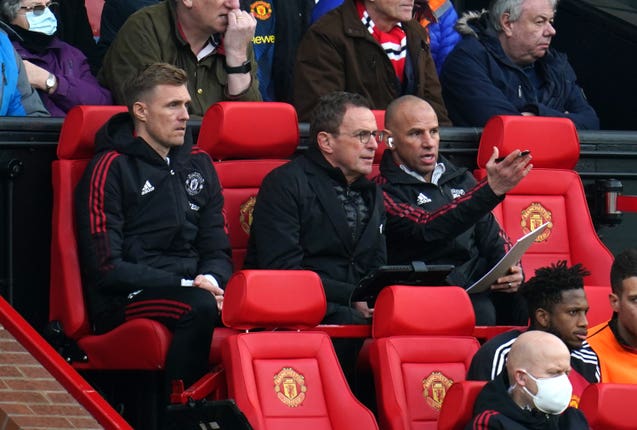 Ralf Rangnick, centre, during the Premier League game against Watford